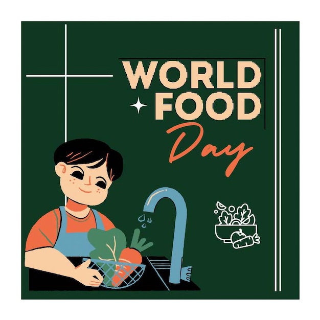 Vector a social media poster for world food day with a child and a man holding a knife with green color