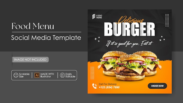 Social media promotion burger food and instagram post design template