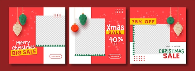 Social Media Sale Posts Or Template Set With Baubles Hang And Copy Space For Merry Christmas Celebration.