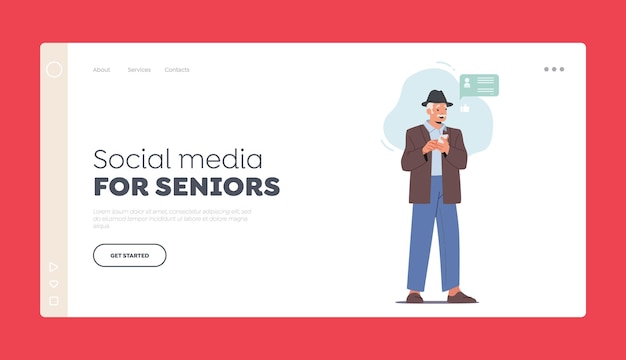 Social Media for Seniors Landing Page Template Elderly Male Character Communicate in Net Old Man Use Mobile Phone