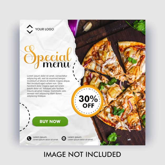 Social media special menu template pizza black background