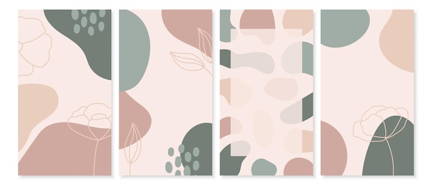 Social media stories backgrounds with abstract shapes hand drawn flowers and leaves