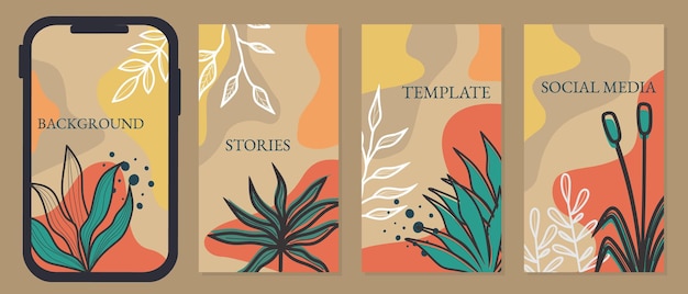 Social media stories and Main Feed cover. Background template  Tropical line art , floral and leaves