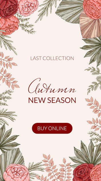 Social media stories template Autumn design with hand drawn modern flower compositions