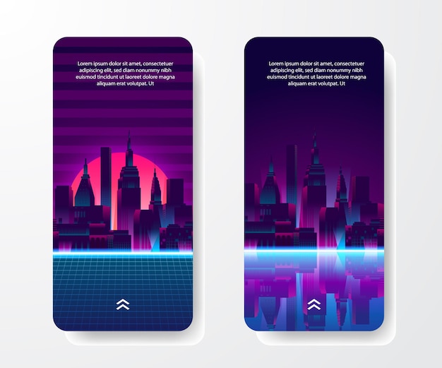 Vector social media stories template. big city urban silhouette skyscraper building with reflection neon retro 80s