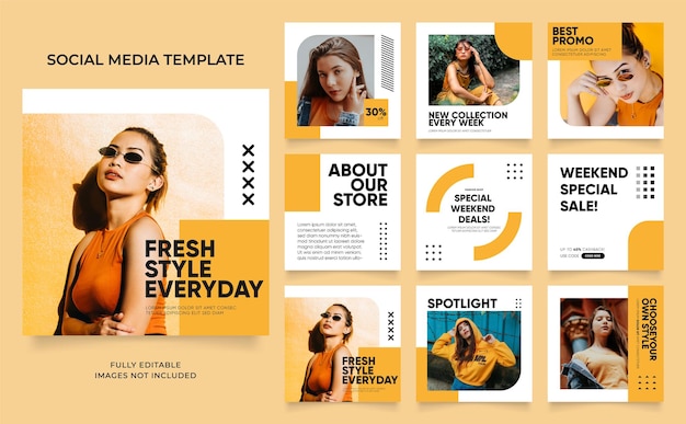 Social media template banner blog fashion sale promotion fully editable instagram and facebook square post frame puzzle organic sale poster fresh yellow element shape vector background