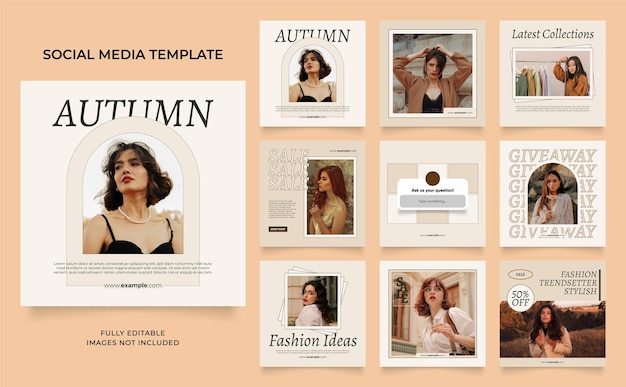 Social media template banner fashion sale promotion in brown beige fully editable instagram and facebook square post frame puzzle organic sale poster