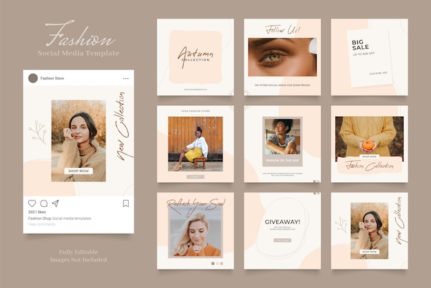 Social media template banner fashion sale promotion. fully editable instagram and facebook square post frame puzzle organic sale   brown beige  