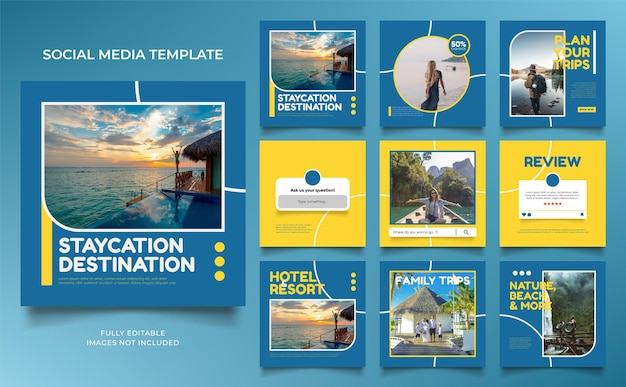 Social media template banner travel and vacation service promotion fully editable instagram and facebook square post frame puzzle organic sale poster