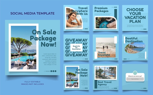 Social media template banner travel and vacation service promotion fully editable instagram and facebook square post frame puzzle organic sale poster