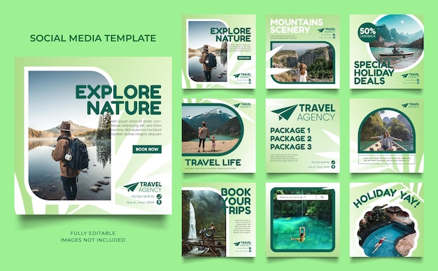 Social media template banner travel and vacation service promotion fully editable instagram and facebook square post frame puzzle organic sale poster