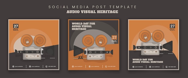 Social media template with vintage video camera in cartoon design for audio visual heritage Day