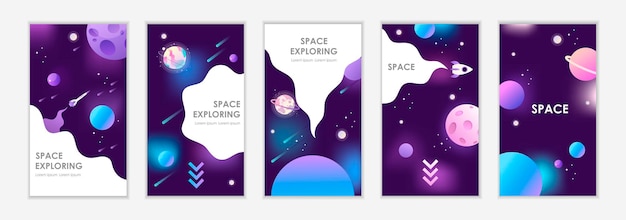 Social media templates. Space with planets and stars. Set of dark space templates for stories