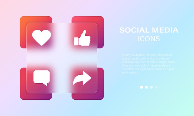 Social media vector blur gradient icon set Heart Thumbs up speech buble and share symbols in glassmorphism style Vector EPS 10