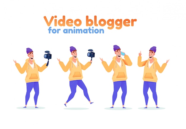 Social media video blogger set. Male influencer with video camera and smartphone livestreaming various facial expression and haircut. streamer collection.