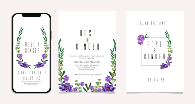 Social media wedding invitation template with purple floral