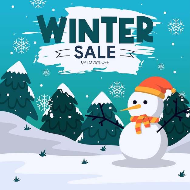 social media winter sale background with cute snowman