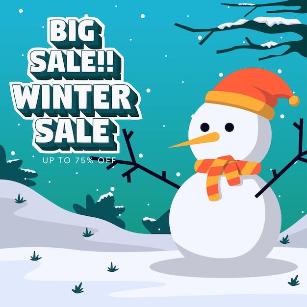 social media winter sale background with cute snowman