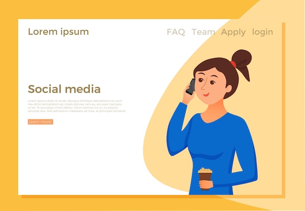 social medial landing page with Girl speaking using her smartphone holding in her hand