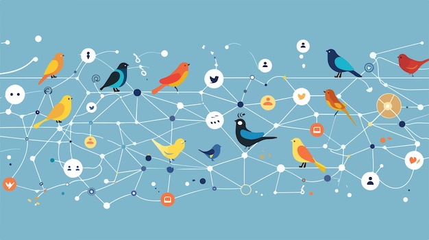 Social Network Background with Birds and Icons in Cartoon Style