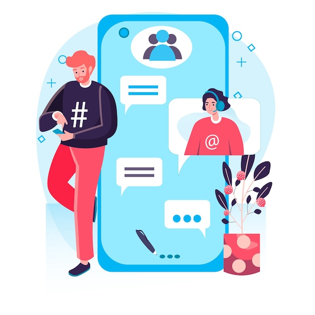 Social network concept. Man chatting with woman, sends her messages in messenger. Internet addiction and online communication character scene. Vector illustration in flat design with people activities