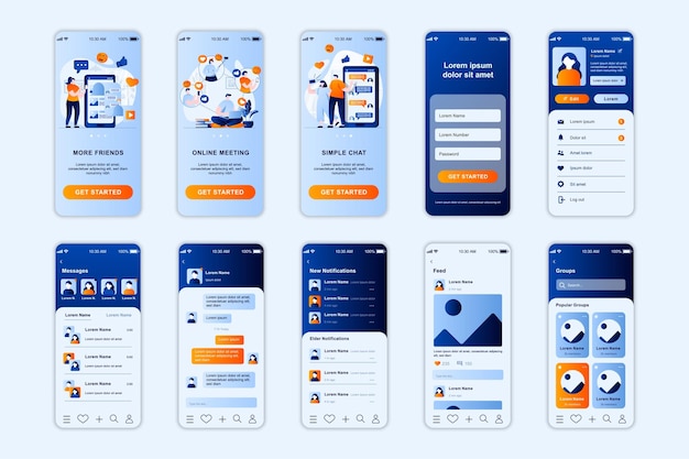 Social network concept screens set for mobile app template UI UX GUI user interface kit