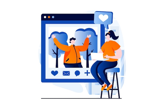 Vector social network concept with people scene in flat cartoon design woman looks at man's online profile likes and comments on his posts with photos using laptop vector illustration visual story for web