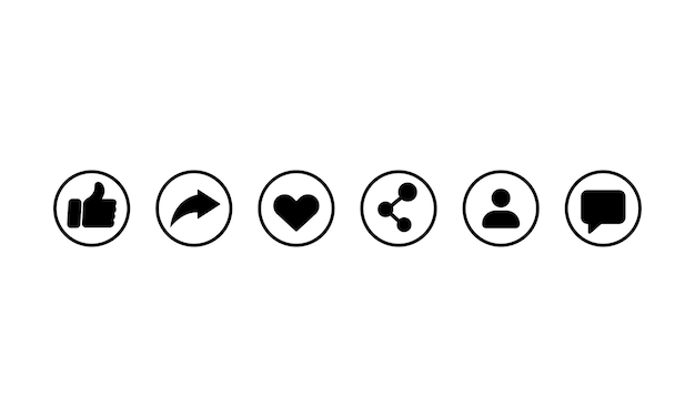 Social network icon set in black. Like, share, heart, follow, message sign. Vector EPS 10. Isolated on white background.