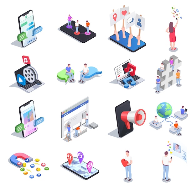 Social network isometric set of isolated icons and conceptual images with gadgets people and colourful pictograms vector illustration