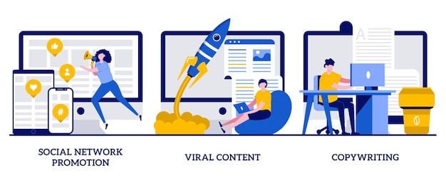 Social network promotion, viral content, copywriting concept with tiny people. Digital marketing types set. SMM, influencer online advertising metaphor.