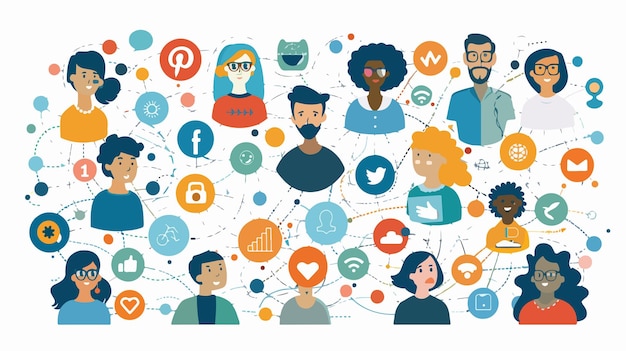 Social Networking Scheme Mixed Media Flat Vector Illustration