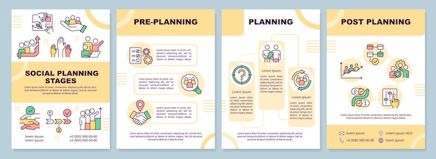 Social planning stages brochure template Society changes Leaflet design with linear icons 4 vector layouts for presentation annual reports ArialBlack Myriad ProRegular fonts used