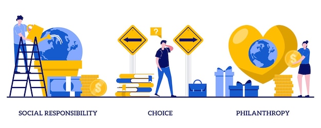 Social responsibility, choice, philanthropy concept with tiny people