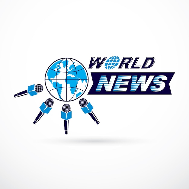 Social telecommunication theme vector logo created with blue Earth planet illustration surrounded with microphones and composed using world news inscription. Press conference concept.