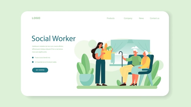 Social volunteer web banner or landing page. Charity community support and take care of people in need. Idea of care and humanity. Disabled and senior people support. Isolated vector illustration