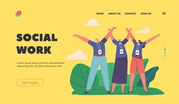 Social Work Landing Page Template Joyful Volunteers Team Smiling with Hands Up Happy Characters with Badges Charity