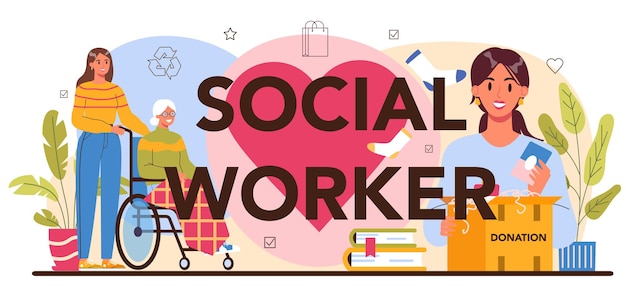 Social worker typographic header volunteer support old and disabled people