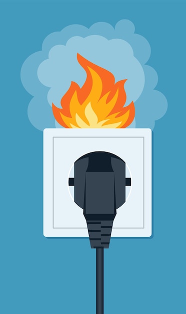 Socket and plug on fire from voltage overload. Vector flat illustration. eps 10