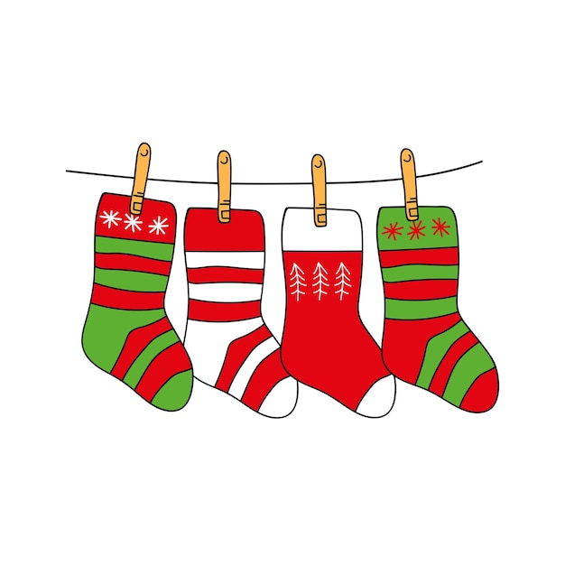 Socks isolated on the white background Various Christmas socks hanging on a rope