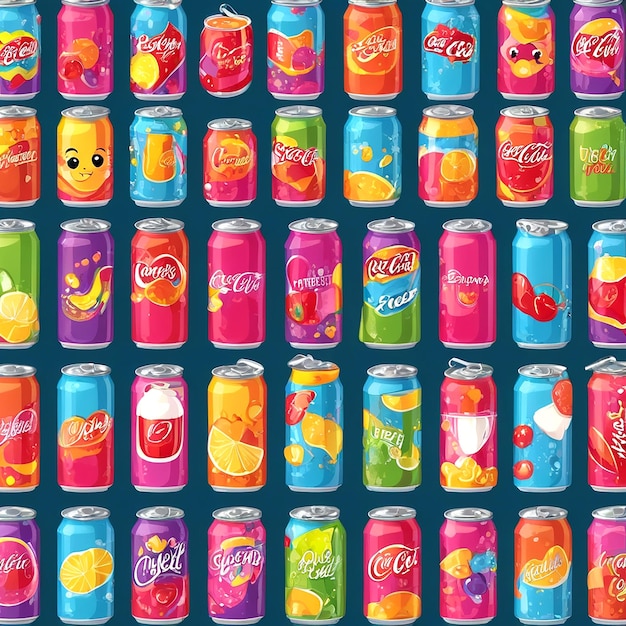 Vector soda in aluminum can cute beverage cans with colorful sweet fizzy pop colorful cold beverages packag