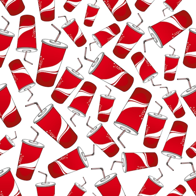 Soda beverages red paper cups seamless pattern