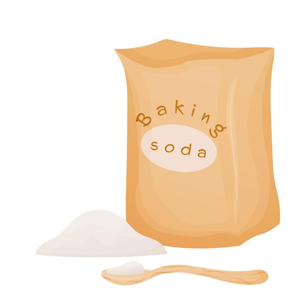 Soda in a craft paper bag and spoon Baking ingredients on a white background