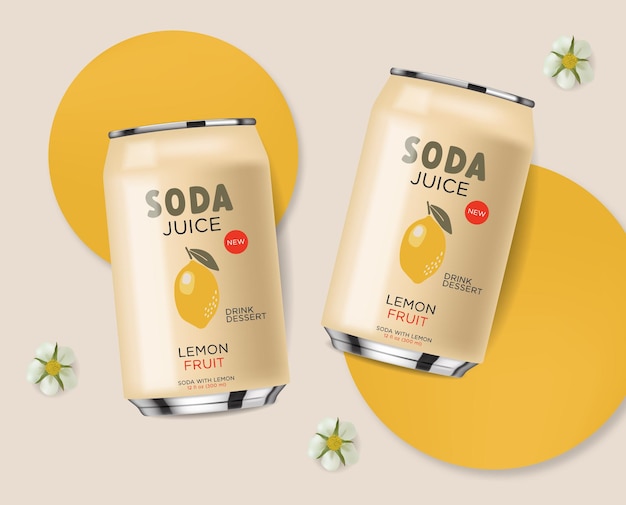 Soda drink contained in metallic can with lemon fruits, 3d realistic yellow can, summer drink