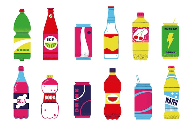 Soda drink Fizzy water with juice and sugar Cartoon sweet orange carbonated beverages in plastic and glass containers Cola metal cans Cool tonic or cocktail Vector bottles set