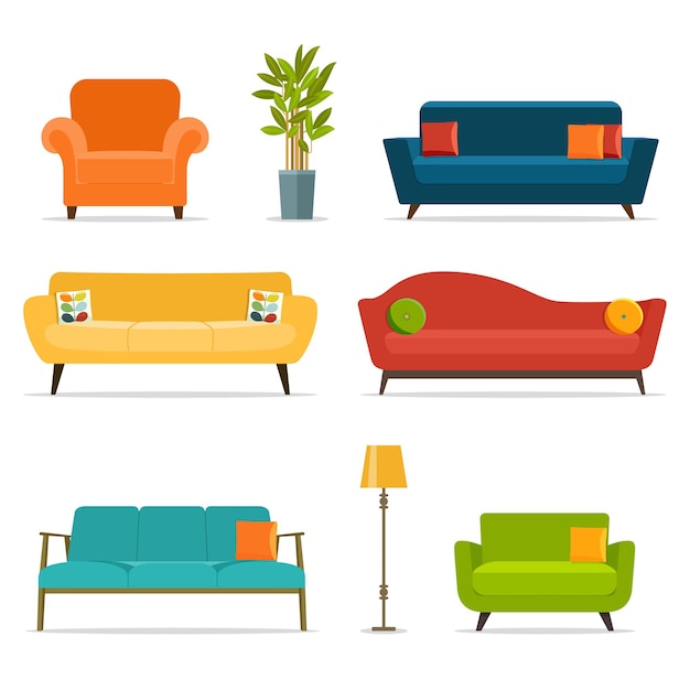 Sofa and chair  sets and home accessories.Vector flat illustration