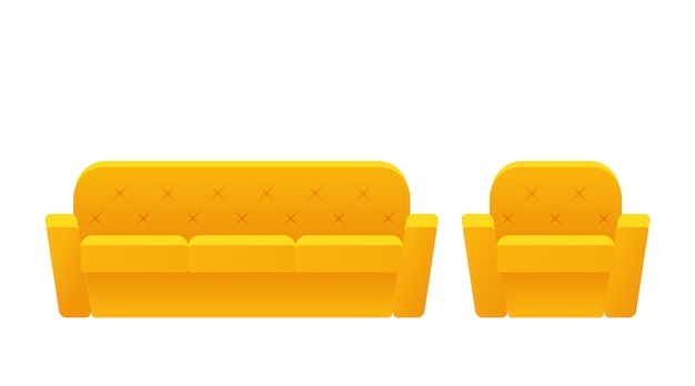 Sofa, couch, armchair icon. . Furniture in flat . Animated yellow house equipment for living room isolated . Cartoon set elements for lounge.