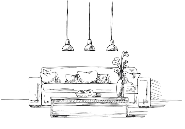 Sofa with pillows a vase on the table Three lowhanging lamp over the table Hand drawn vector illustration