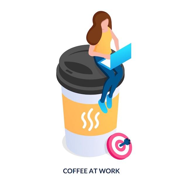 Soffee at work. A girl with a laptop sits on a large cup of coffee. Vector illustration.