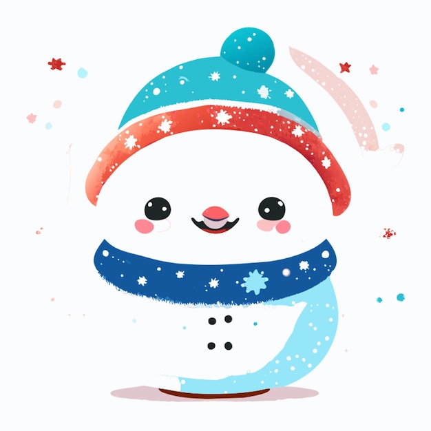 soft blended watercolor illustration of a cute snowman in the north pole 2d style childrens wate