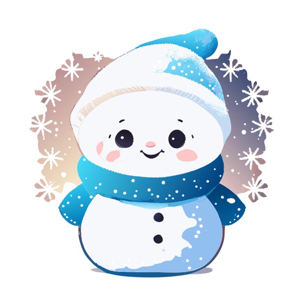 soft blended watercolor illustration of a cute snowman in the north pole 2d style childrens wate